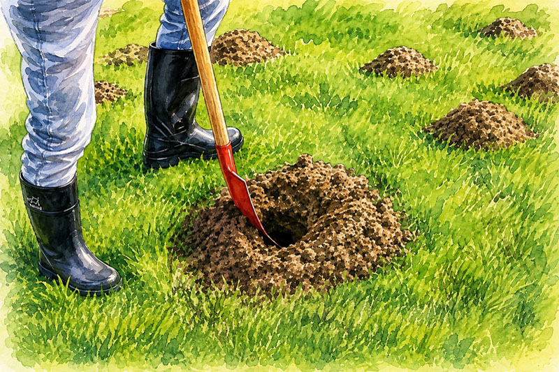 Opening an active mole tunnel with a shovel