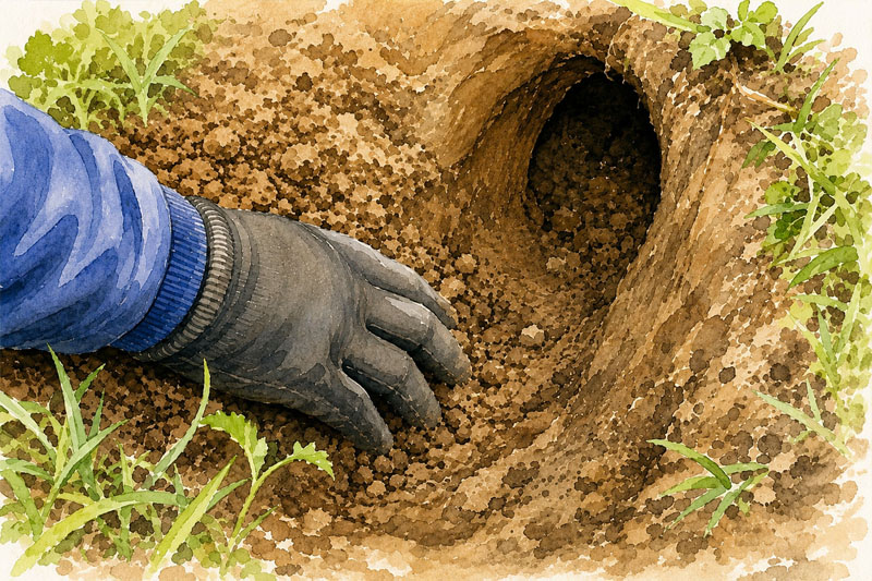 Clearing soil and debris from an active mole tunnel