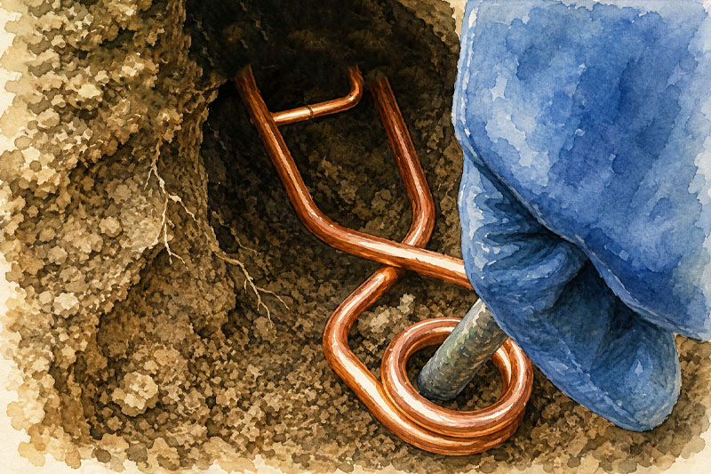 Securing a copper wire mole trap inside the tunnel