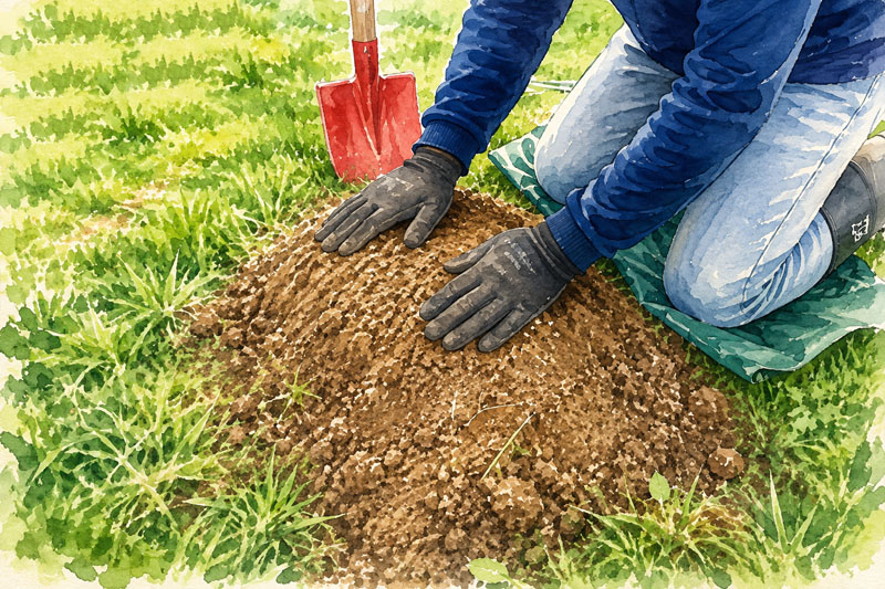 Covering the mole trap with soil after installation