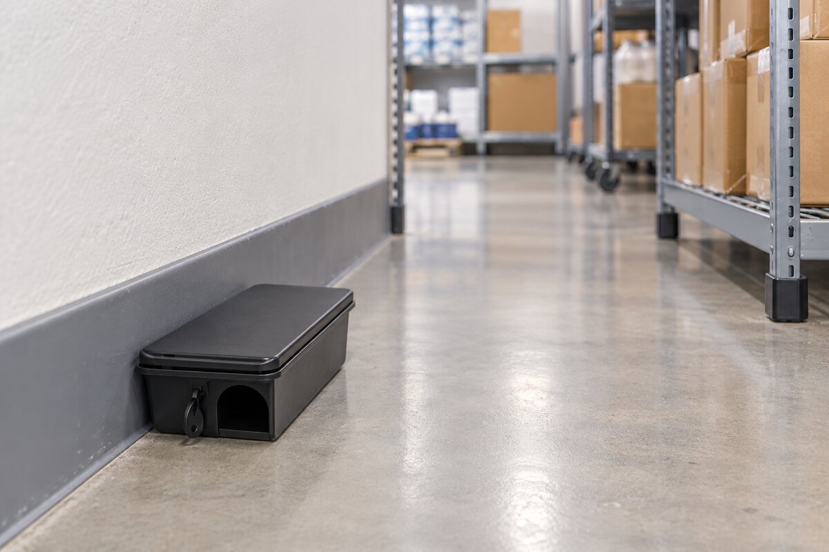 GKMT-13 lockable rat bait station placed along a supermarket stockroom wall