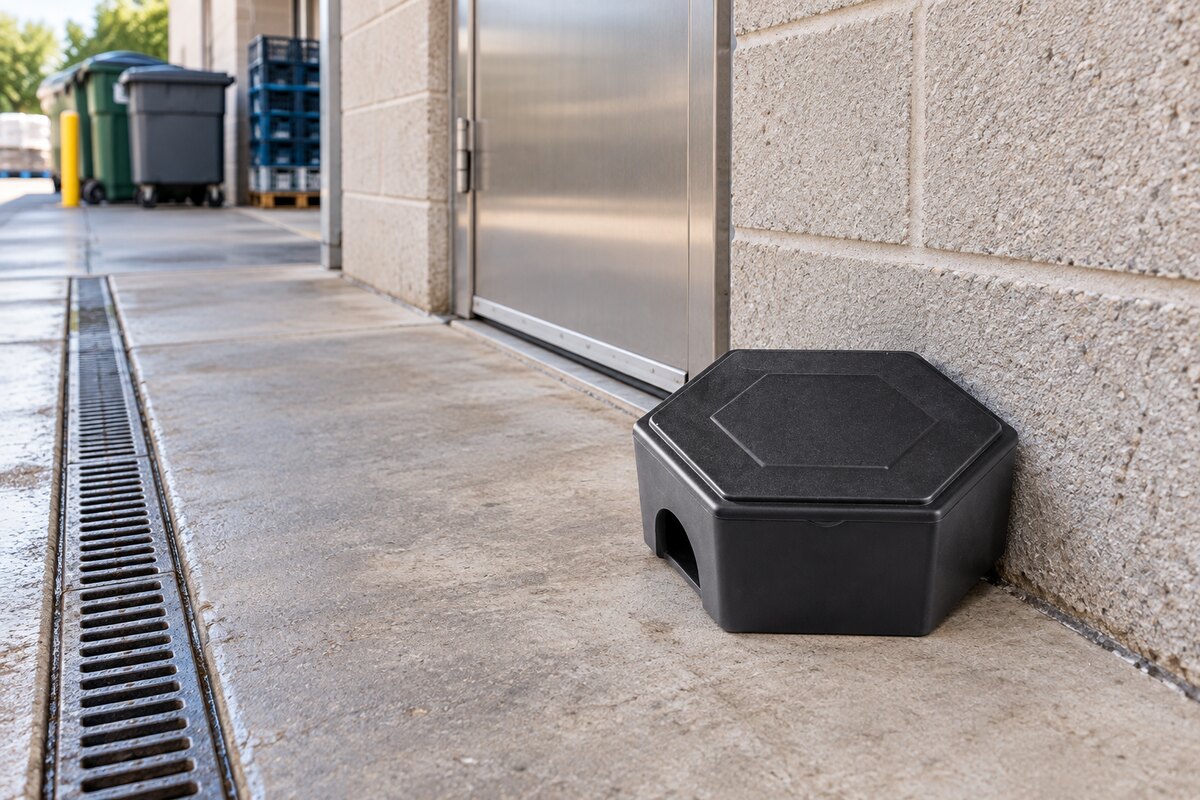 GKMT-16 hexagon rat bait station beside a commercial exterior wall